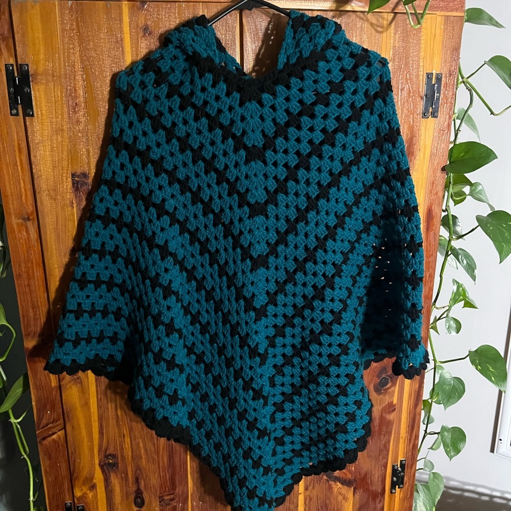Handmade Crochet Poncho in Teal and Black